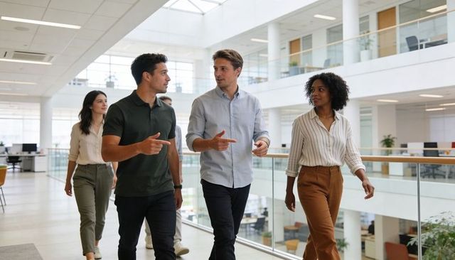 Diverse business team walking and collaborating in modern open-plan office atrium
