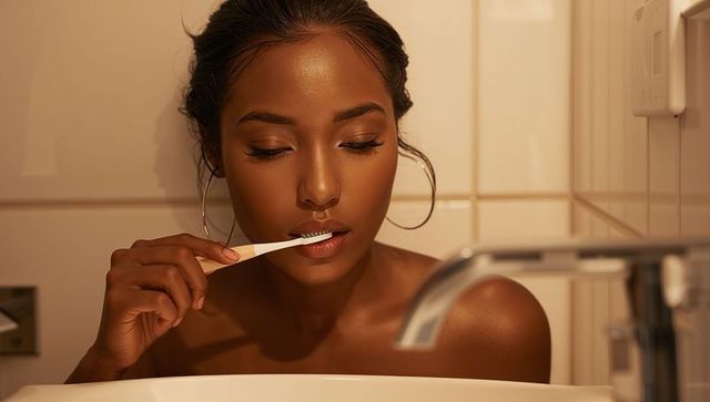 Evening oral care ritual: woman brushing teeth at sink with warm soft lighting