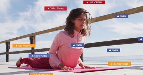 Tranquil Young Woman Practicing Yoga On Seaside Deck