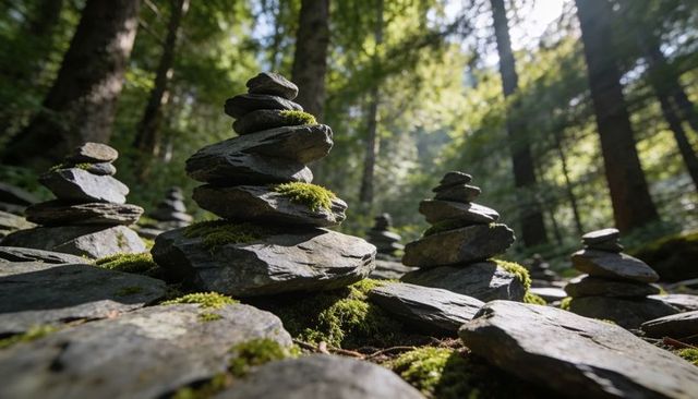 Moss-covered stone cairns balancing on mossy forest floor with dappled sunlight