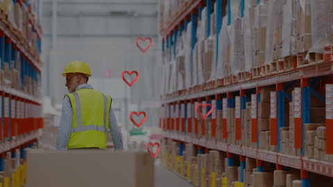 Warehouse Worker Amidst Floating Digital Heart Icons