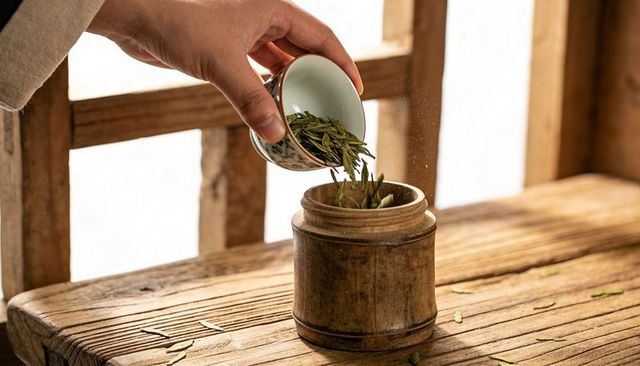 Pouring green tea leaves into wooden caddy on rustic table, sunlit tea ritual moment