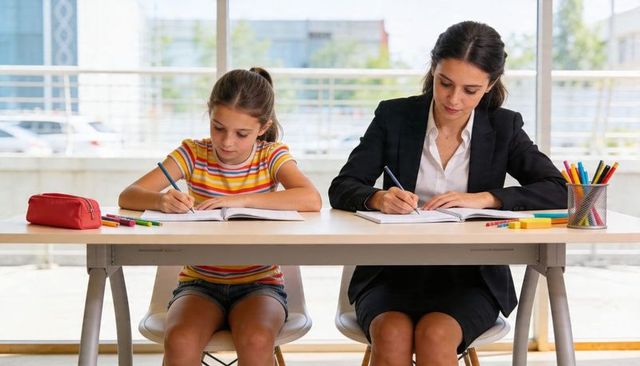 Working Woman and Girl Studying Together at Home Desk in Natural Daylight Focused Learning