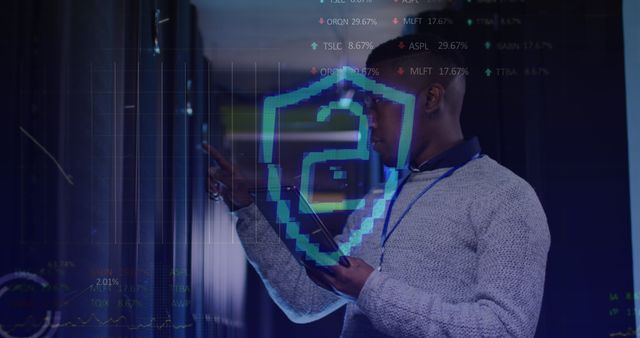 Image of data processing over african american man using tablet in server room. Cloud computing, digital interface and security concept digitally generated image.