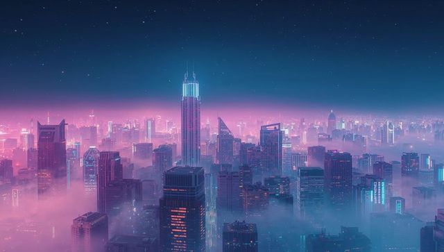 Futuristic Neon Night Skyline with Glowing Skyscrapers