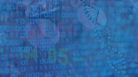 DNA Strand Overlapped with Binary Code and Financial Data Visualization