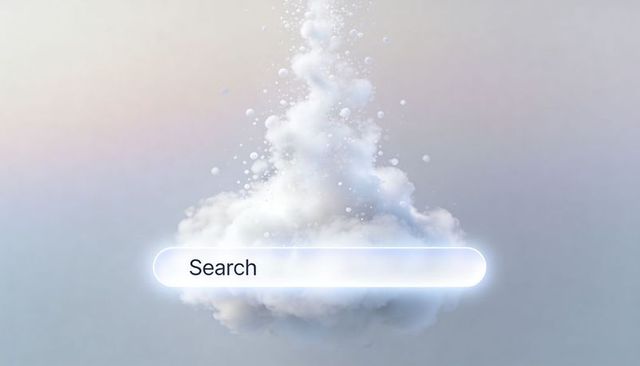Ethereal Cloud Search Interface with Glowing Rounded Search Bar on Pastel Gradient