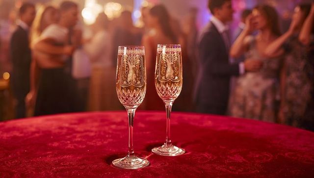 Exquisite crystal champagne flutes in elegant ballroom setting