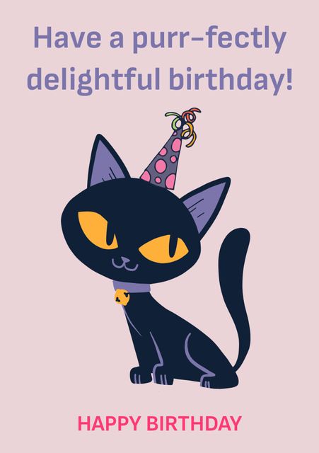 This playful card features a black cat wearing a party hat. Ideal for birthdays, it adds charm to pet-themed events. Perfect for sending birthday wishes to cat lovers or adding a whimsical touch to party decorations.
