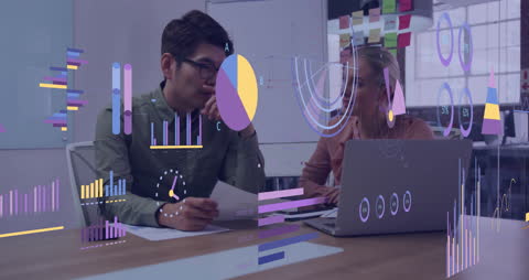 Team Analyzing Financial Data in Modern Office with Digital Overlay