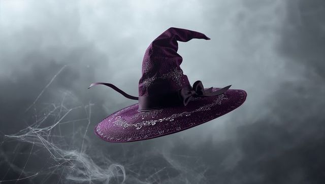 Floating purple witch hat encircled by dreamlike mist and cobwebs