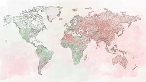 Artistic polygon mesh world map with watercolor background