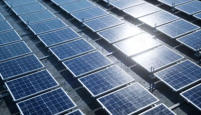 Rooftop Solar Panels Reflecting Sunlight in Neat Photovoltaic Grid with Aluminum Rails