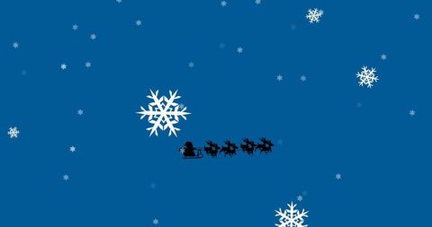 Santa in Sleigh with Reindeer Amidst Falling Snowflakes