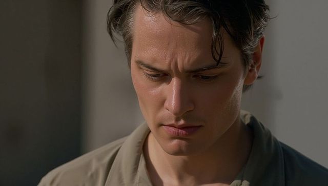 Contemplative young man headshot showing forehead sweat and focused downward gaze