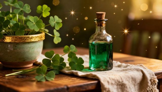 Shamrock plant beside glass bottle of emerald tincture on rustic wood with warm sparkle