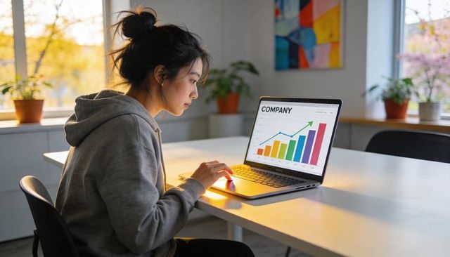 Young woman analyzing company growth chart on laptop in minimalist home office at sunset