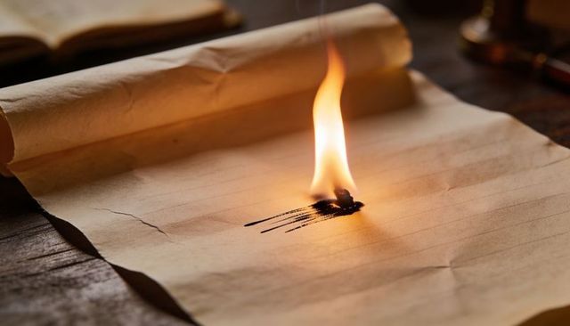 Burning ink blotch on aged parchment with flickering flame and scorch mark