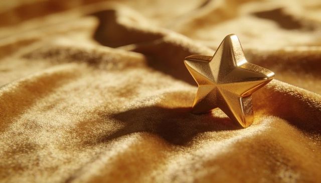 Glinting gold star resting on luxurious velvet fabric, shimmering texture and soft bokeh