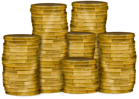 Stacks of Shiny Gold Coins on Transparent Background