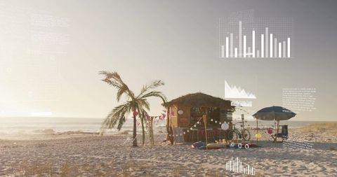 Rustic Beach Shack with Surfboards and Palm Tree at Sunrise