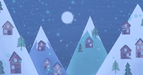 Winter Animation with Falling Snowflakes and Cozy Mountainside Homes