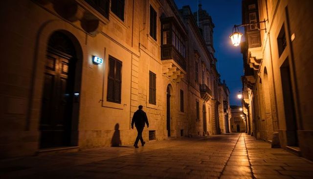 Solitary silhouette walking on wet cobblestone street under warm lantern light in alley