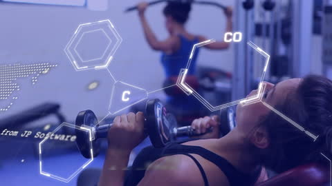 Women Exercising with Futuristic Data Interface Display