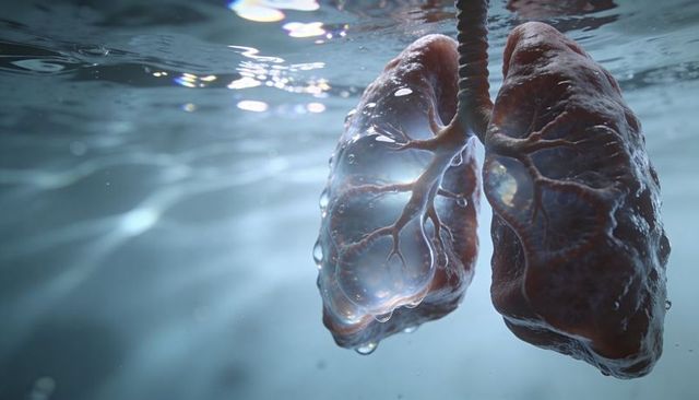 Underwater translucent lungs floating with bronchial tree, water droplets for medical use