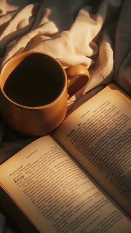 Sunlight shifting over ceramic mug and open book on soft throw, cozy vertical morning clip