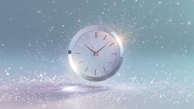Floating metallic clock above glittery surface with sparkles