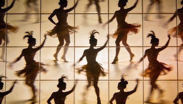 Backlit cabaret dancers spinning on tiled grid with sequin skirts and feathered plumes, heels