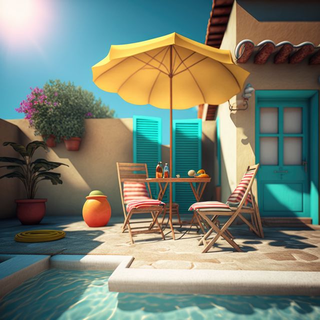 Cozy Mediterranean Patio with Umbrella and Pool - Download Free Stock Images Pikwizard.com