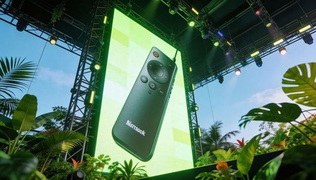 Tropical concert stage with vertical led billboard featuring remote control product launch