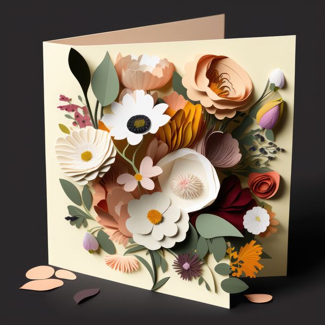 Card with 3d flowers on black background, created using generative ai technology. Celebration, greeting cards and well wishes concept digitally generated image.