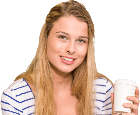 Smiling Young Woman Holding Transparent Coffee Cup Background