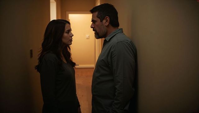 Tense couple standing face to face in narrow dim hallway with amber backlight, silhouettes