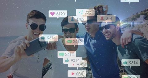 Friends Enjoying Beach Adventure with Social Media Engagement