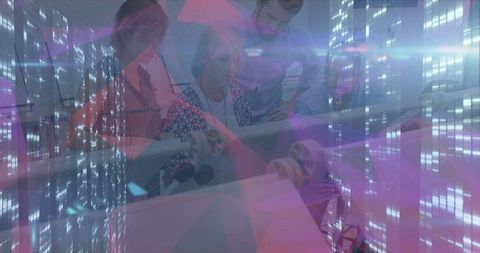 Team collaborative blueprint review with futuristic digital overlay