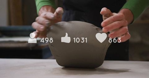 Artisan shaping clay with social engagement overlays