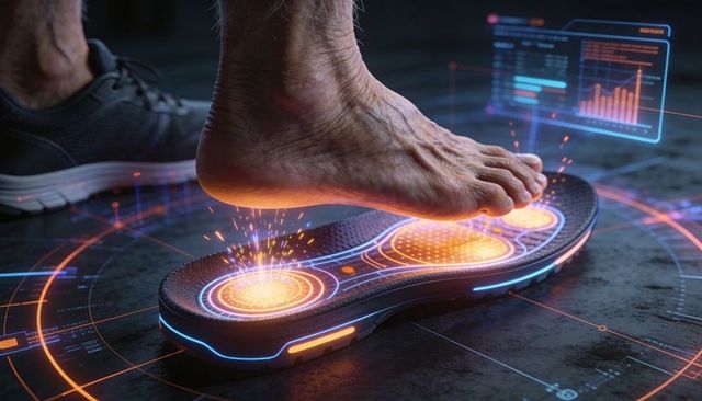 Senior foot lowering onto smart insole with glowing pressure sensors and holographic hud