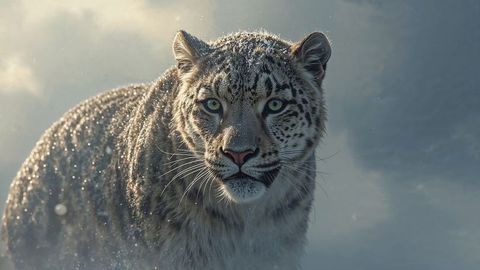 Majestic snow leopard in snowy habitat surveying terrain