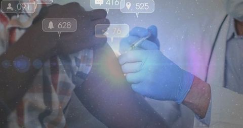 Doctor Vaccinates Patient Amidst Social Media Alerts Overlay