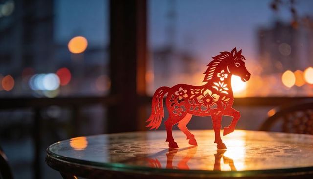 Backlit red paper-cut horse casting reflection on glass table with bokeh lights