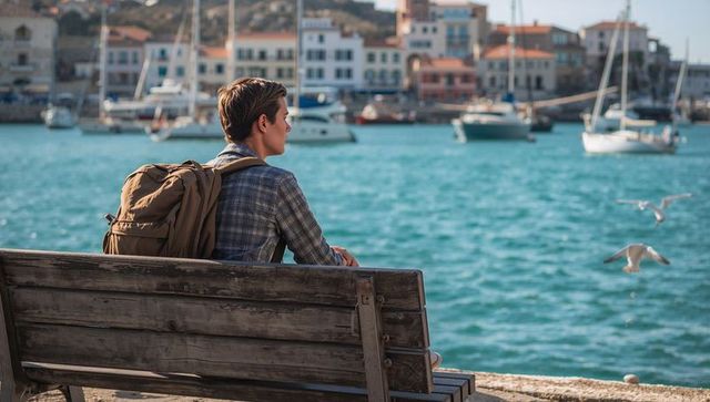 Young traveler on bench watching sailboats, tan backpack, coastal calm