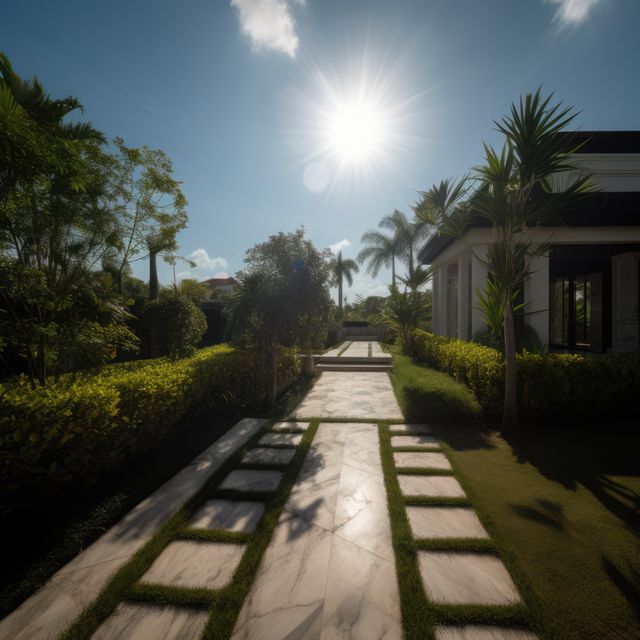 Sunlit modern house surrounded by a lush garden with a beautifully paved pathway lined with tropical plants. Ideal for use in real estate, home improvement, landscaping, or vacation rental promotions emphasizing tranquility, outdoor living, and modern architecture.