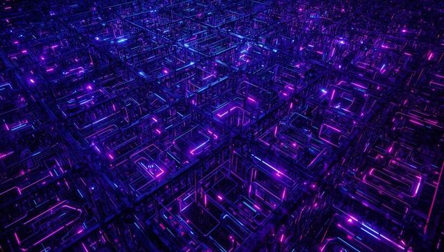 Neon-lit futuristic data grid with glowing cubic patterns