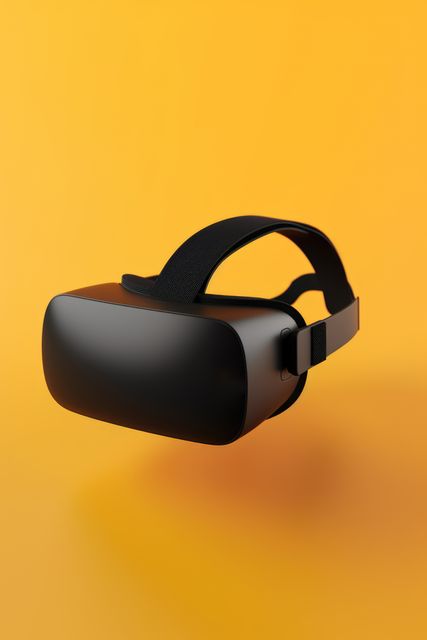 Black vr headset on yellow background with copy space, created using generative ai technology. Virtual reality and digital interface technology concept digitally generated image.