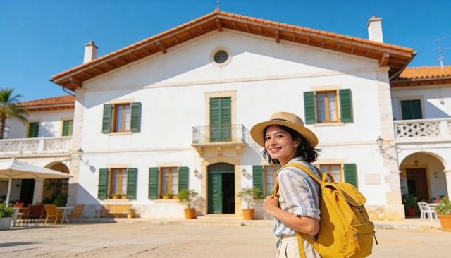 Happy traveler with straw hat and yellow backpack exploring sunlit mediterranean villa courtyard