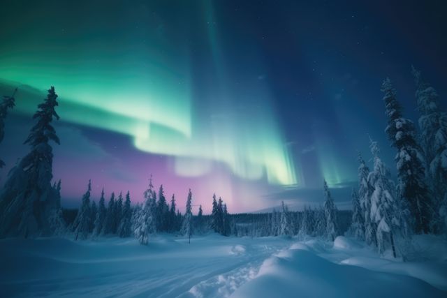 Brilliant Northern Lights shining over a snow-covered forest at night. Wire shaped of dancing green and blue tones contrast with the dark sky filled with stars. Majestic tall trees topped with snow add to the ethereal beauty of the scene. This can be used to promote travel to cold weather destinations, winter holidays, and nature exploration.